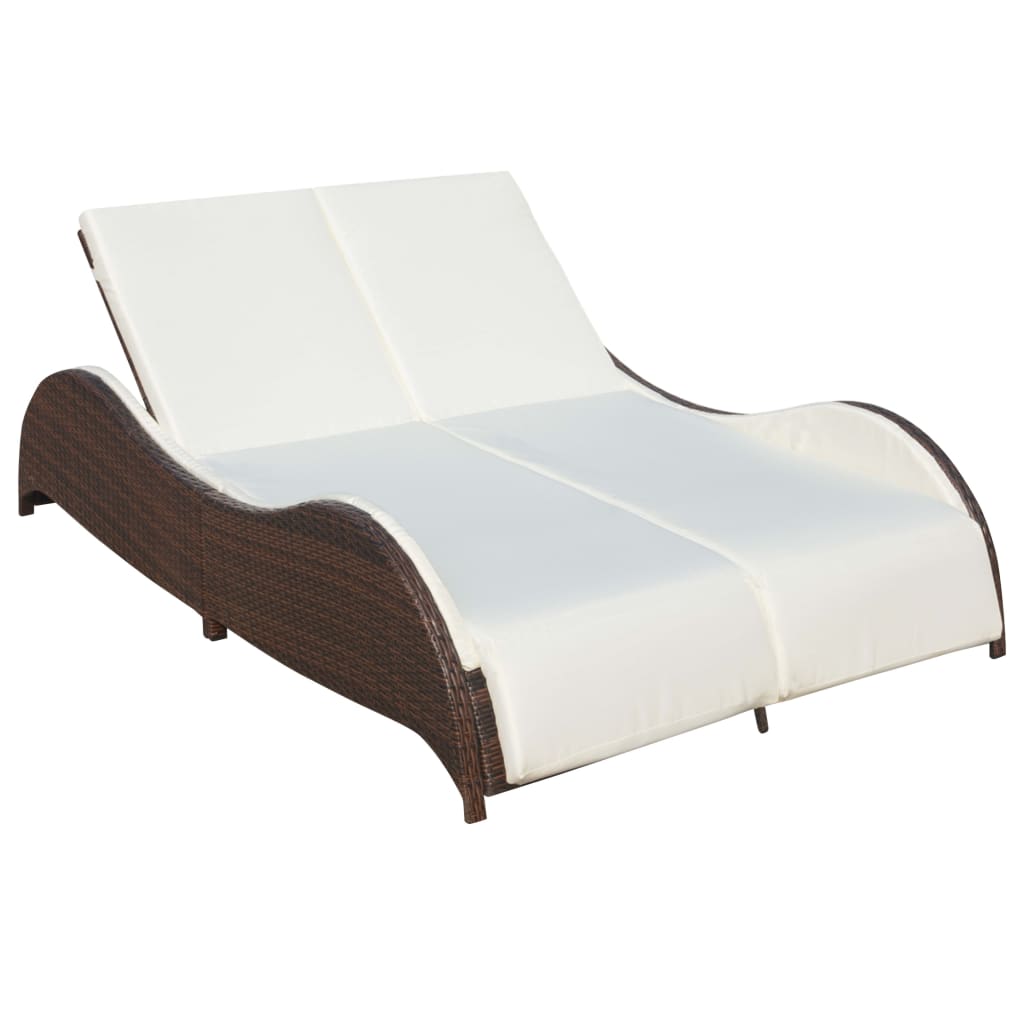 Double Sun Lounger with Cushion Poly Rattan Brown - 200×132×45cm