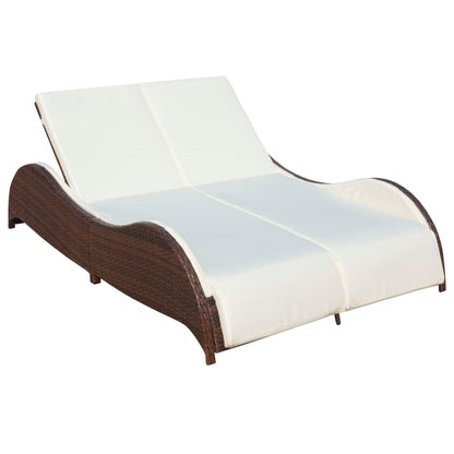 Double Sun Lounger with Cushion Poly Rattan Brown - 200×132×45cm