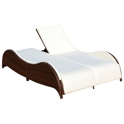 Double Sun Lounger with Cushion Poly Rattan Brown - 200×132×45cm