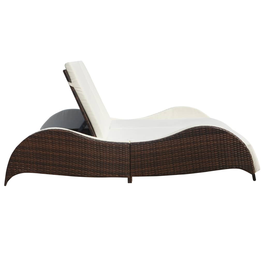Double Sun Lounger with Cushion Poly Rattan Brown - 200×132×45cm
