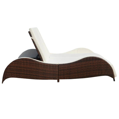 Double Sun Lounger with Cushion Poly Rattan Brown - 200×132×45cm
