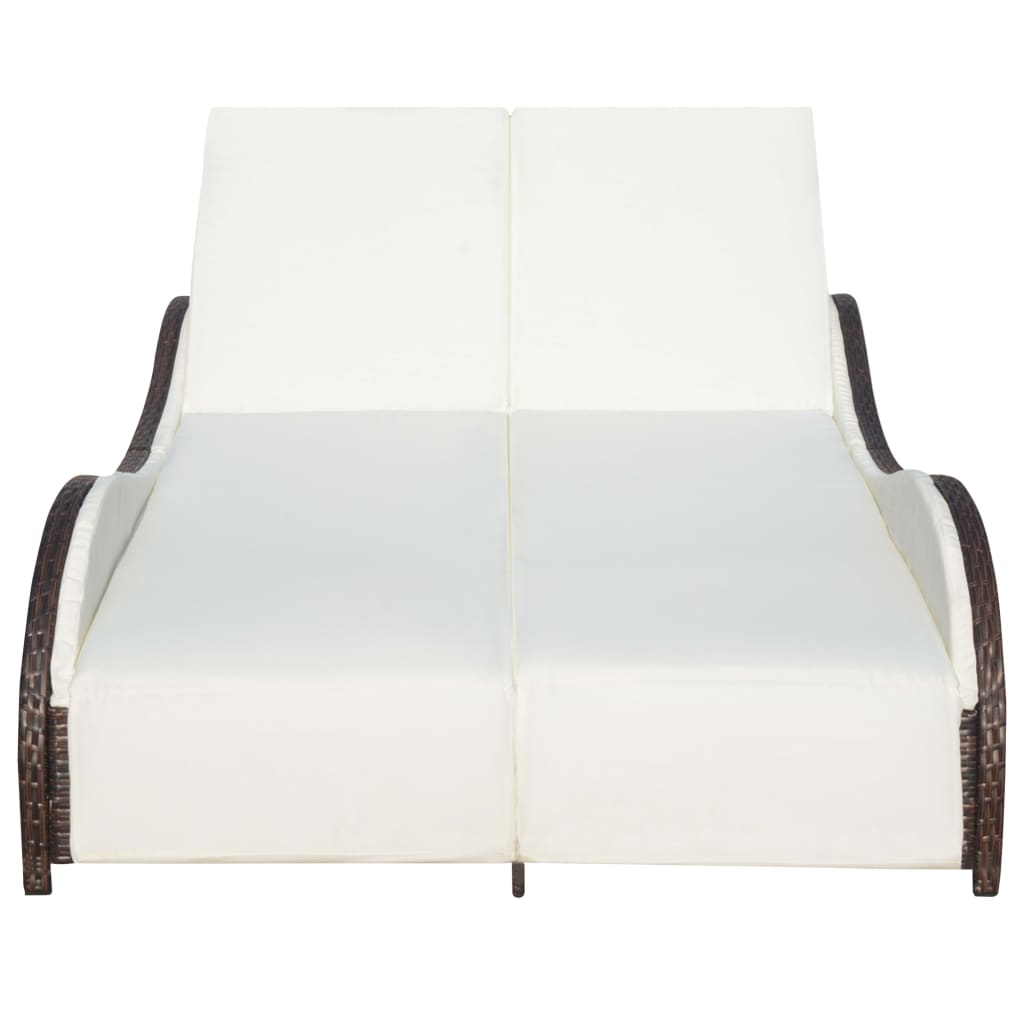 Double Sun Lounger with Cushion Poly Rattan Brown - 200×132×45cm