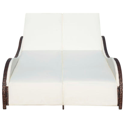 Double Sun Lounger with Cushion Poly Rattan Brown - 200×132×45cm
