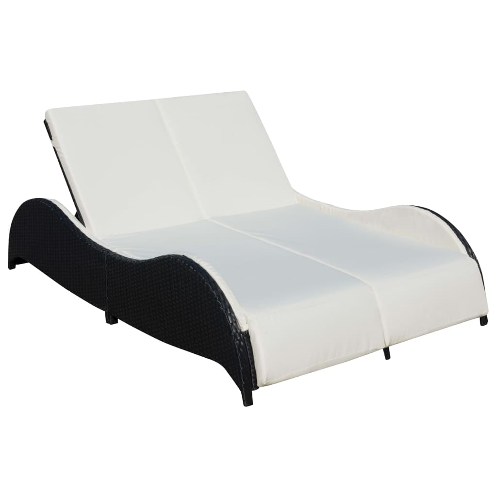 Double Sun Lounger with Cushion Poly Rattan Black - 200×132×45cm