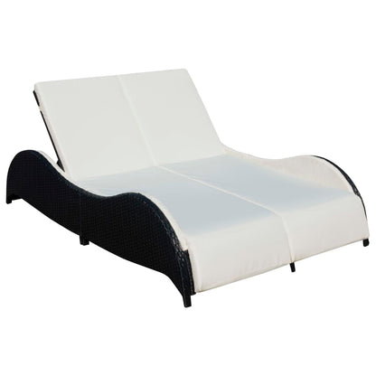 Double Sun Lounger with Cushion Poly Rattan Black - 200×132×45cm
