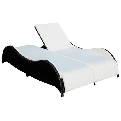Double Sun Lounger with Cushion Poly Rattan Black - 200×132×45cm