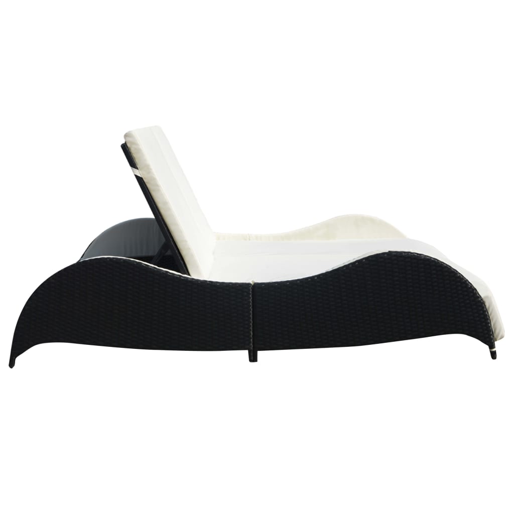 Double Sun Lounger with Cushion Poly Rattan Black - 200×132×45cm
