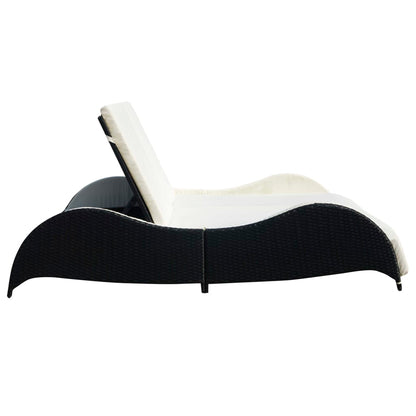 Double Sun Lounger with Cushion Poly Rattan Black - 200×132×45cm