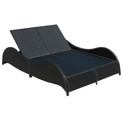 Double Sun Lounger with Cushion Poly Rattan Black - 200×132×45cm