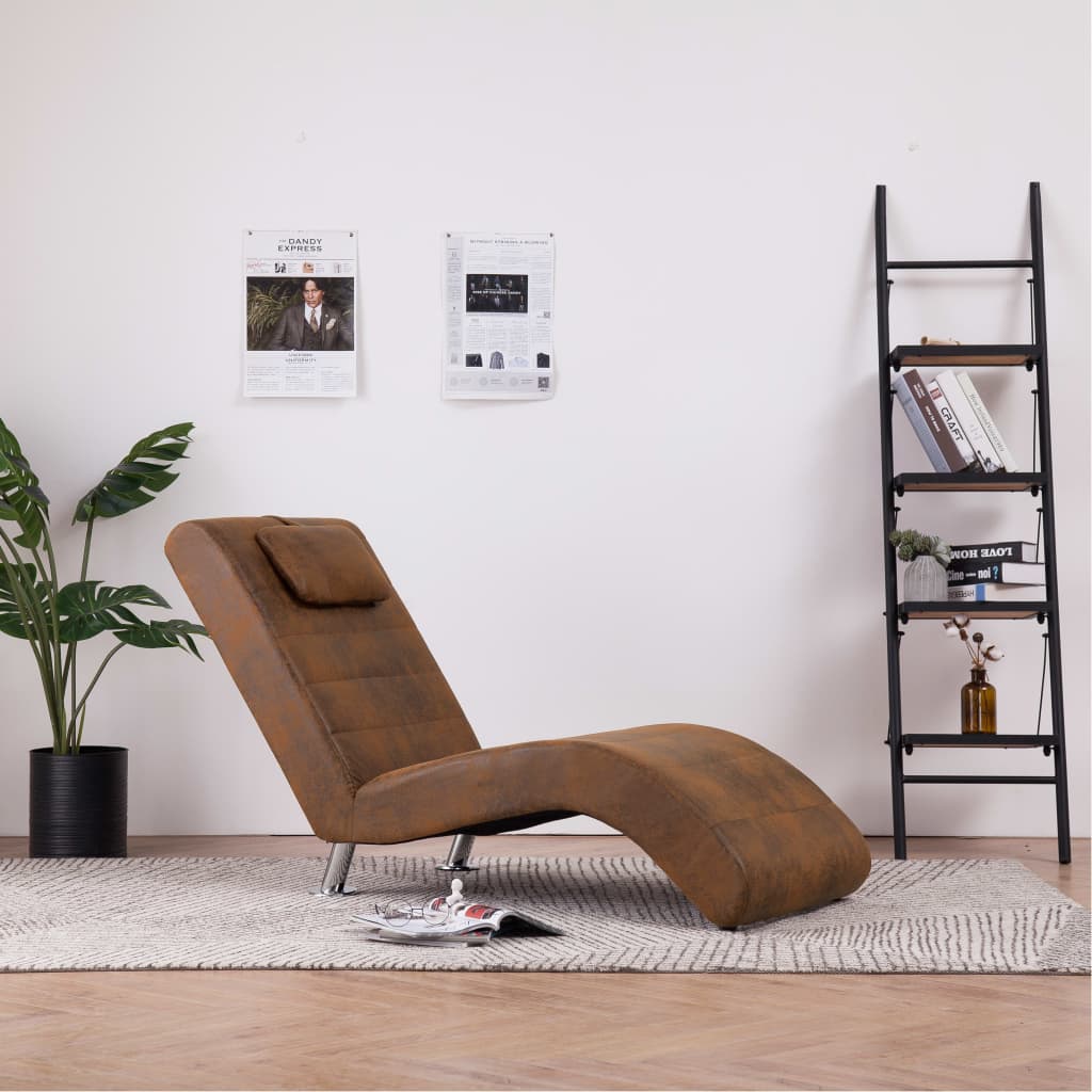 Chaise Longue with Pillow Brown Suede Leather