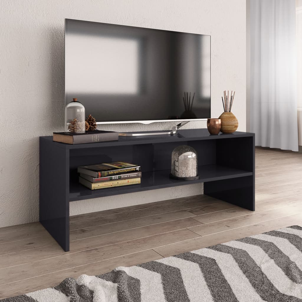TV Cabinet High Gloss Grey Chipboard - 100×40×40cm