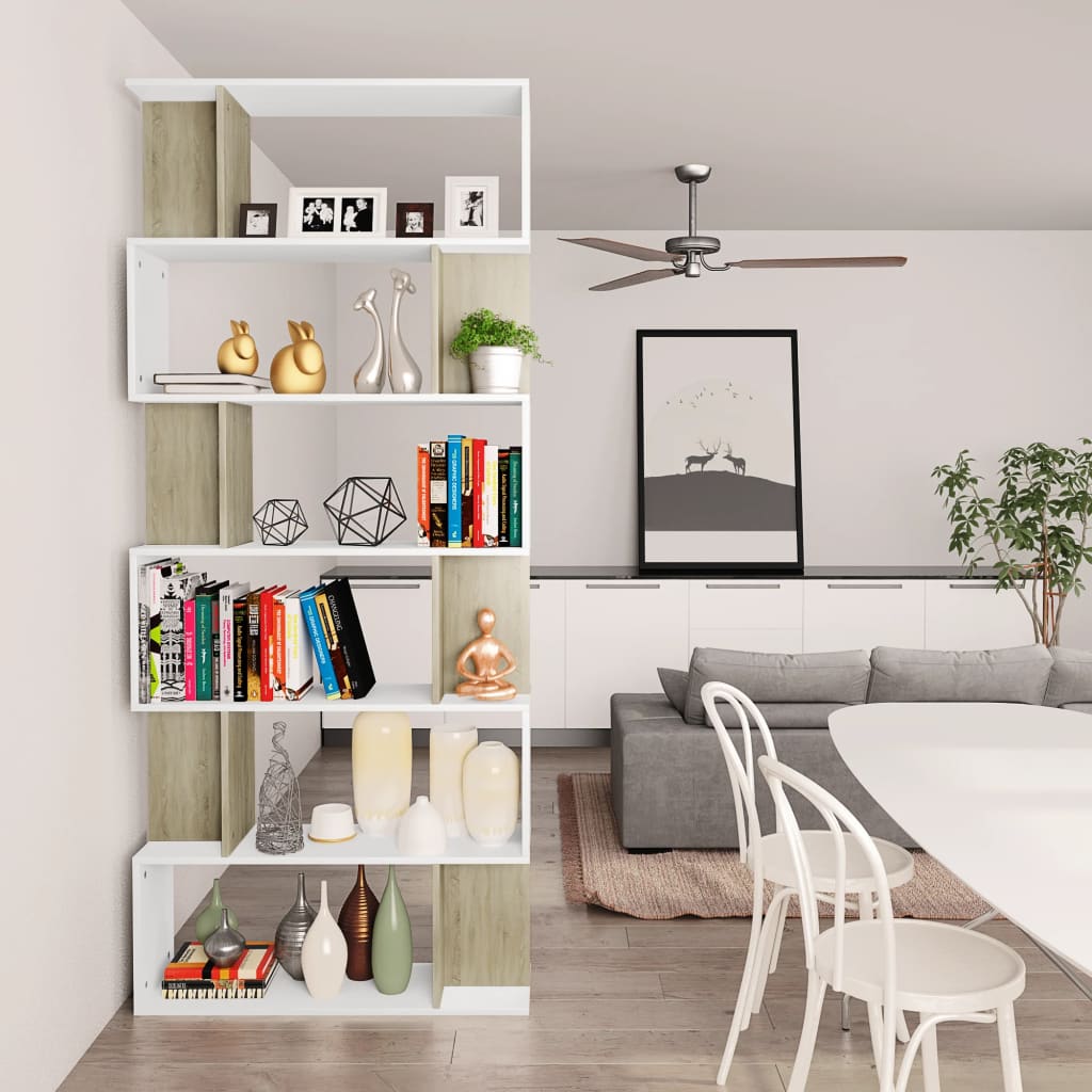 Book Cabinet/Room Divider White and Sonoma Oak Chipboard - 80×24×192cm