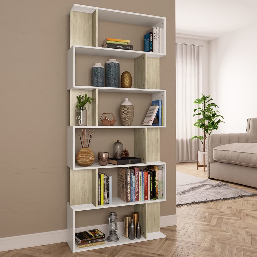 Book Cabinet/Room Divider White and Sonoma Oak Chipboard - 80×24×192cm