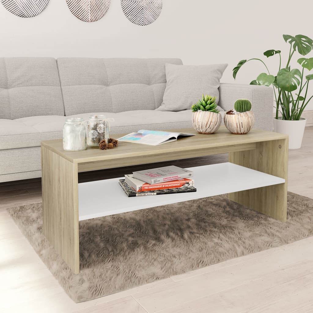 Coffee Table White and Sonoma Oak Chipboard - 100×40×40cm