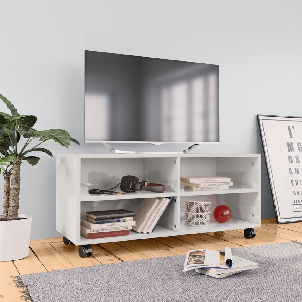 TV Cabinet with Castors High Gloss White Chipboard - 90×35×35cm