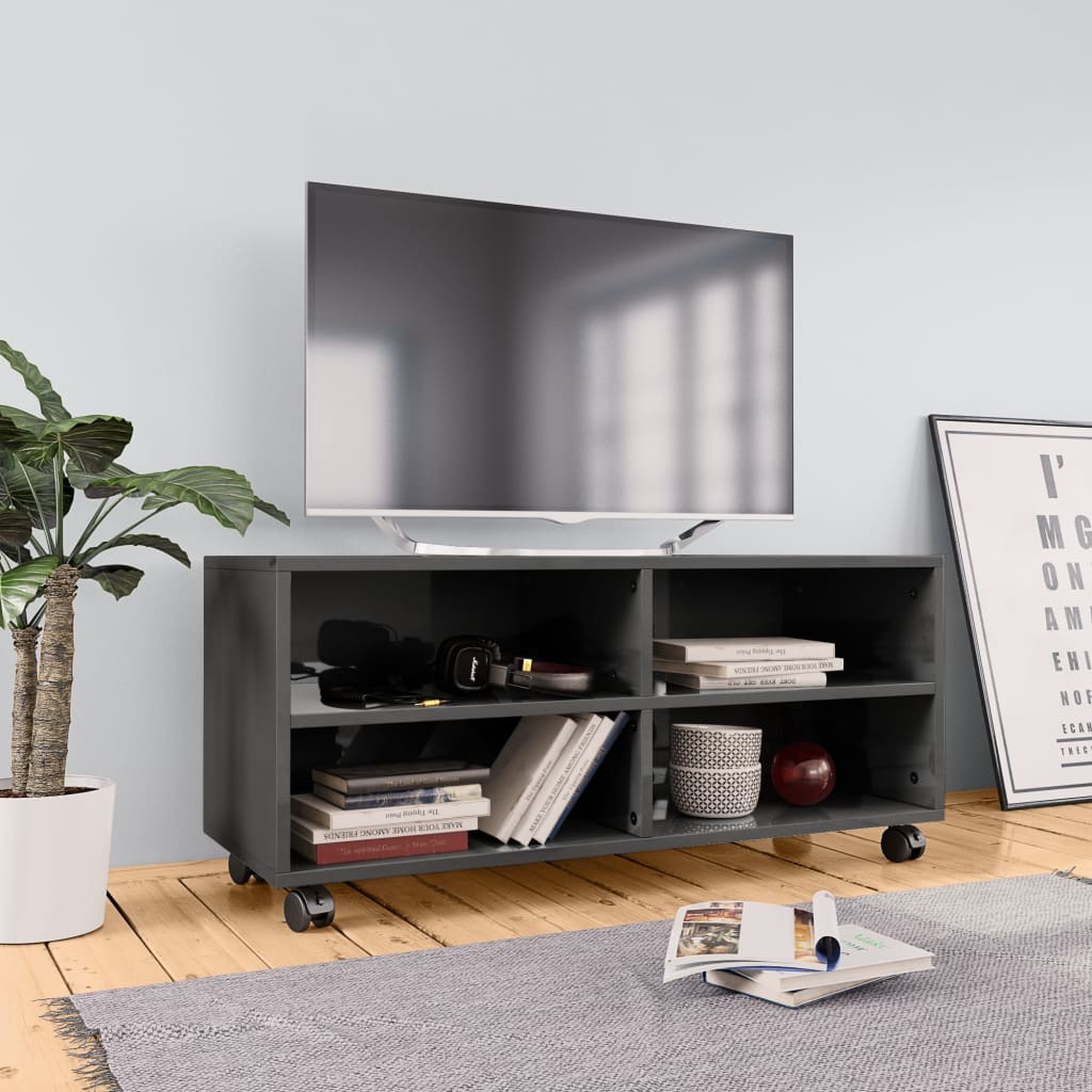 TV Cabinet with Castors High Gloss Grey Chipboard - 90×35×35cm