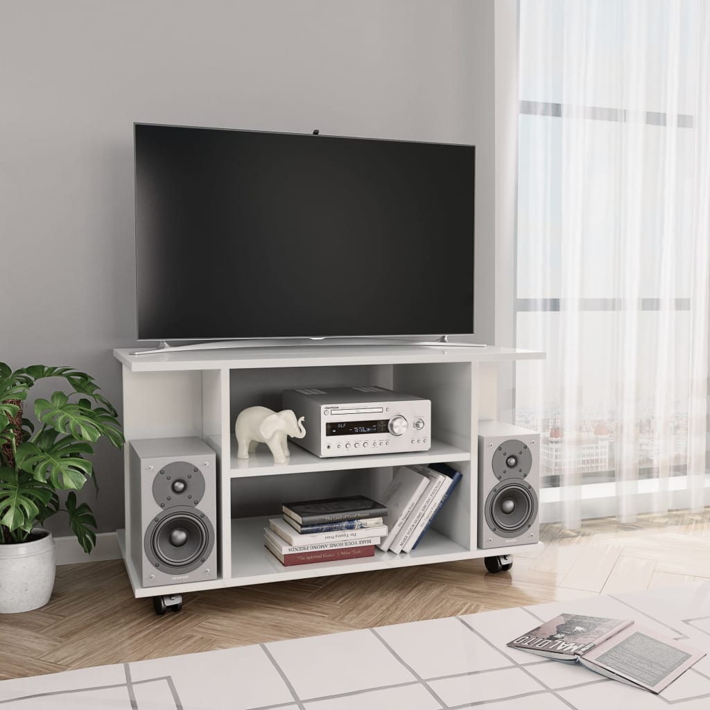 TV Cabinet with Castors High Gloss White Chipboard - 80×40×45cm