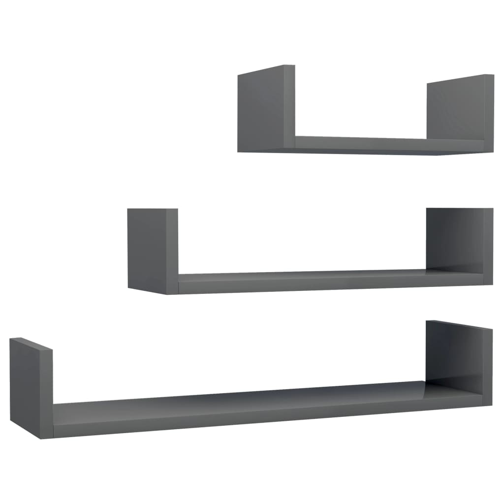 Wall Display Shelf 3 pcs High Gloss Grey Chipboard