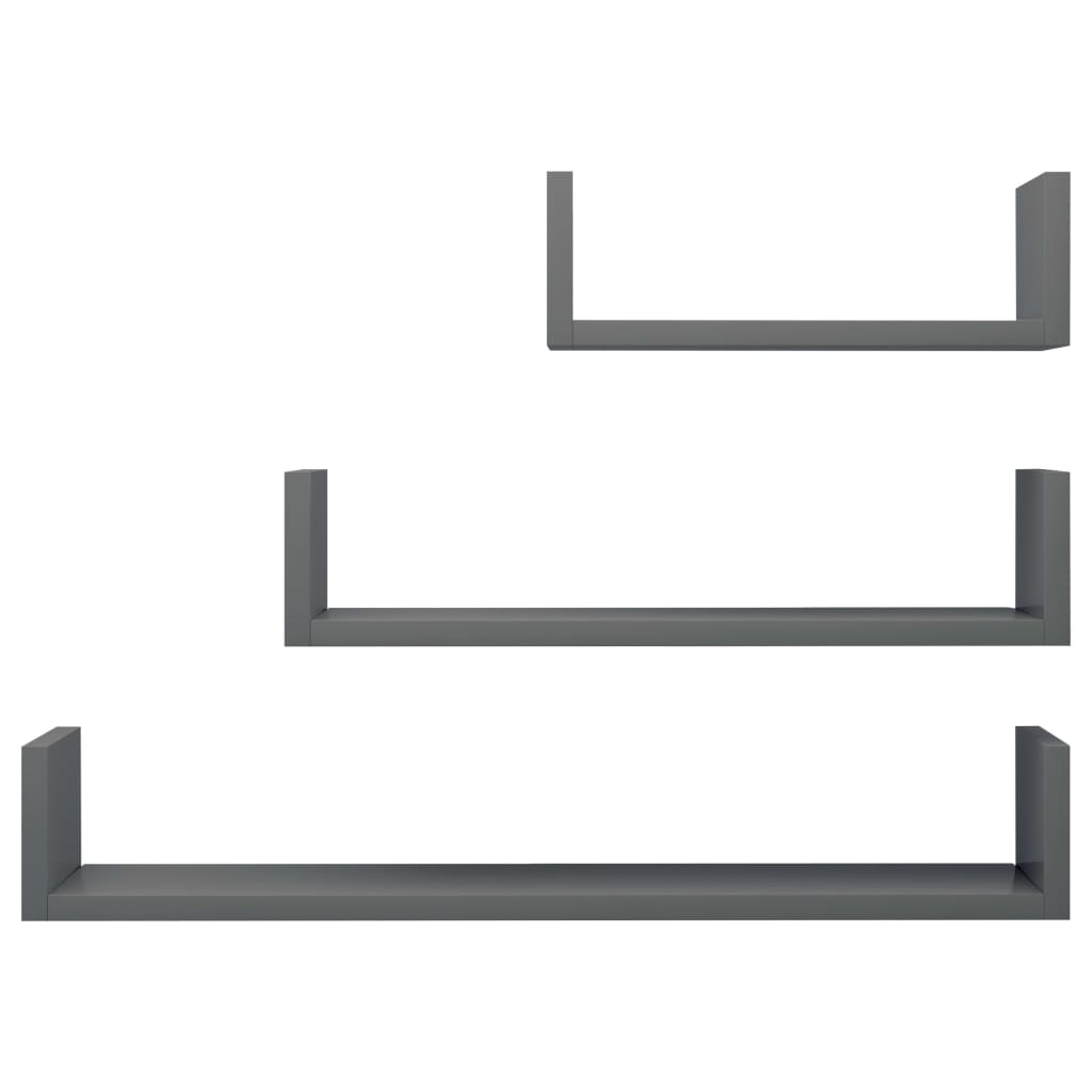 Wall Display Shelf 3 pcs High Gloss Grey Chipboard