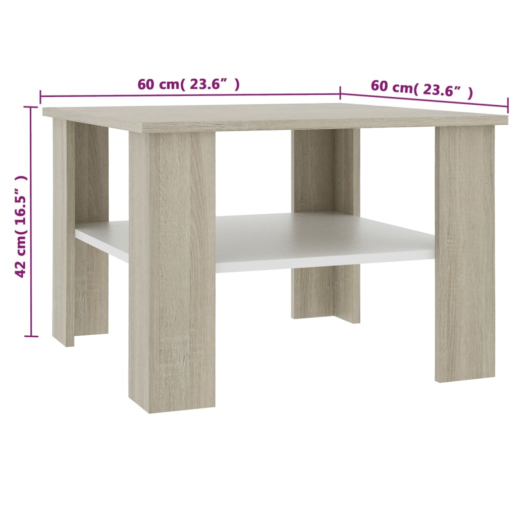 Coffee Table White and Sonoma Oak Chipboard - 60×60×42cm