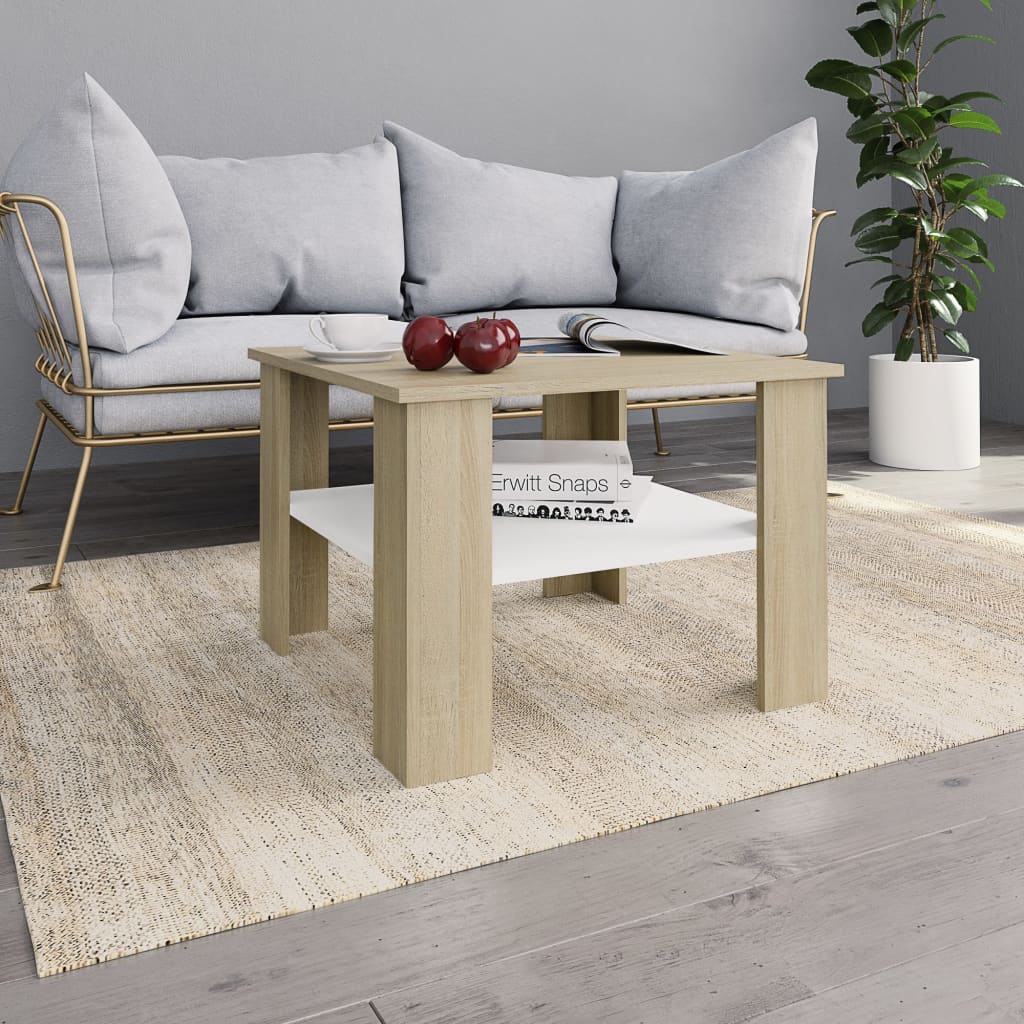 Coffee Table White and Sonoma Oak Chipboard - 60×60×42cm