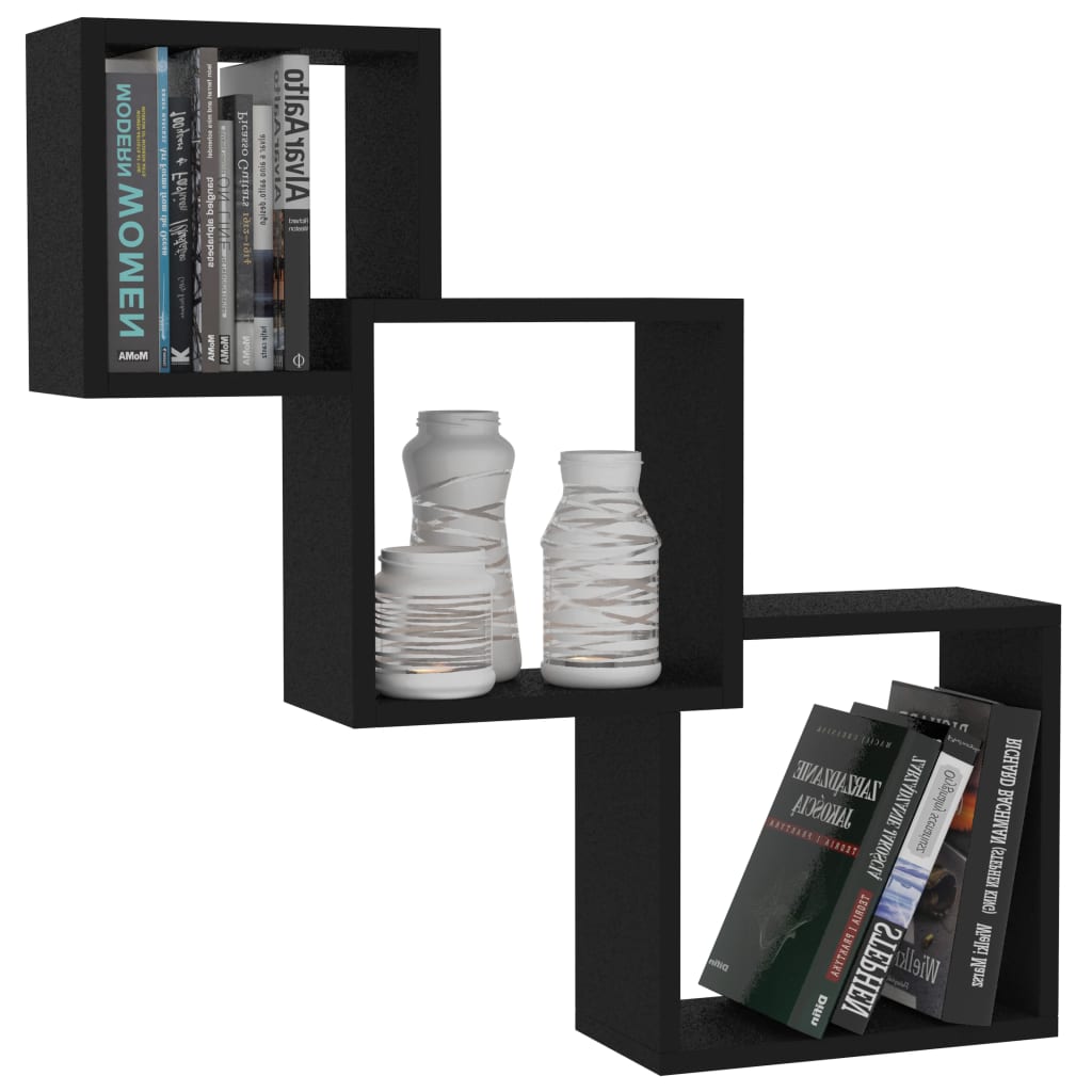 Cube Wall Shelves Black Chipboard