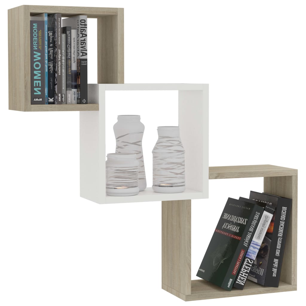 Cube Wall Shelves White and Sonoma Oak Chipboard