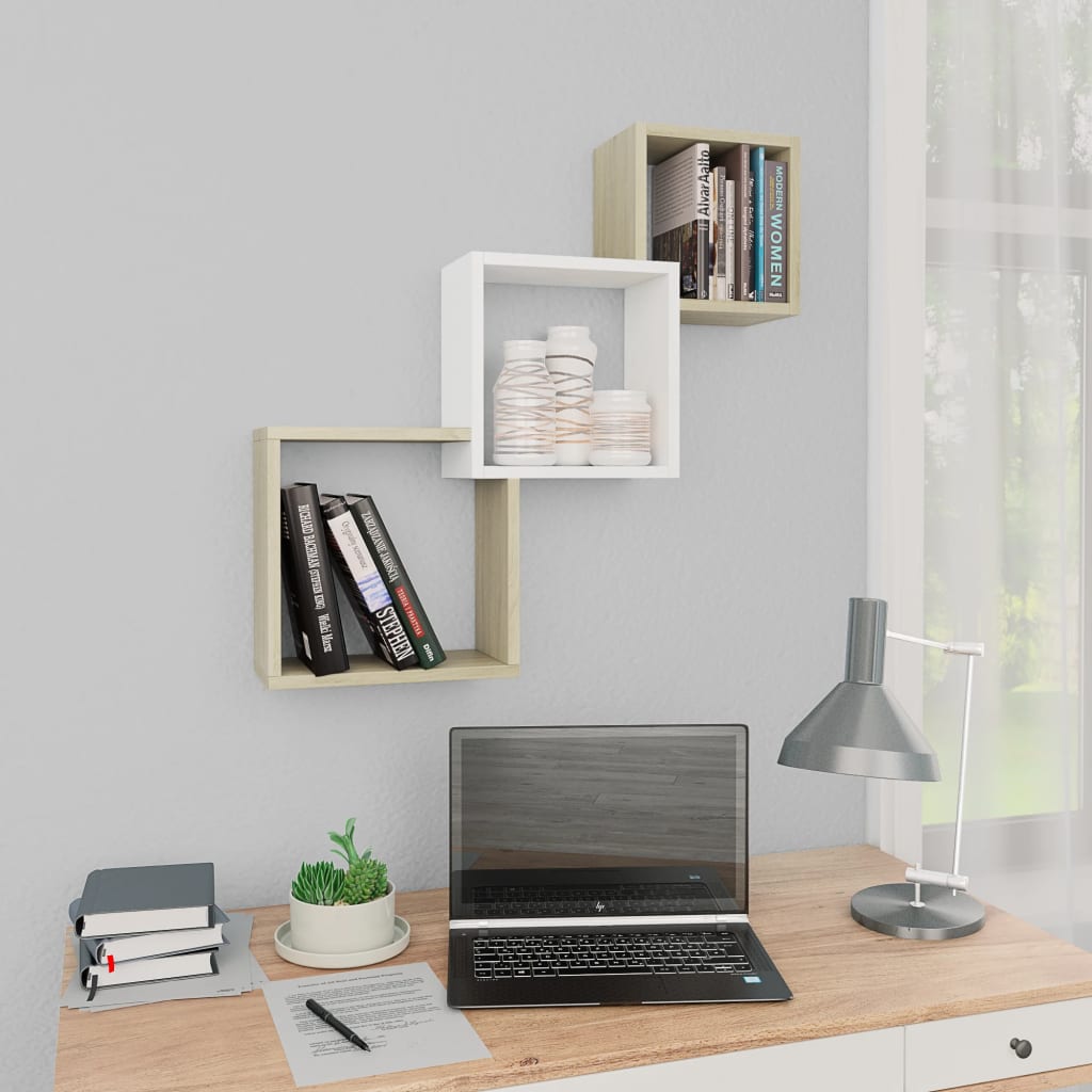 Cube Wall Shelves White and Sonoma Oak Chipboard