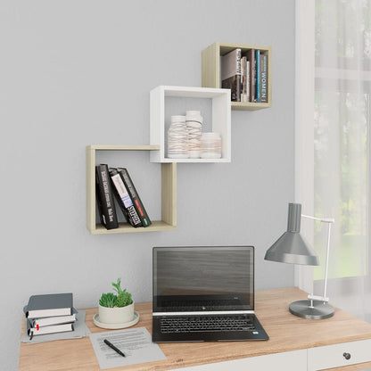 Cube Wall Shelves White and Sonoma Oak Chipboard