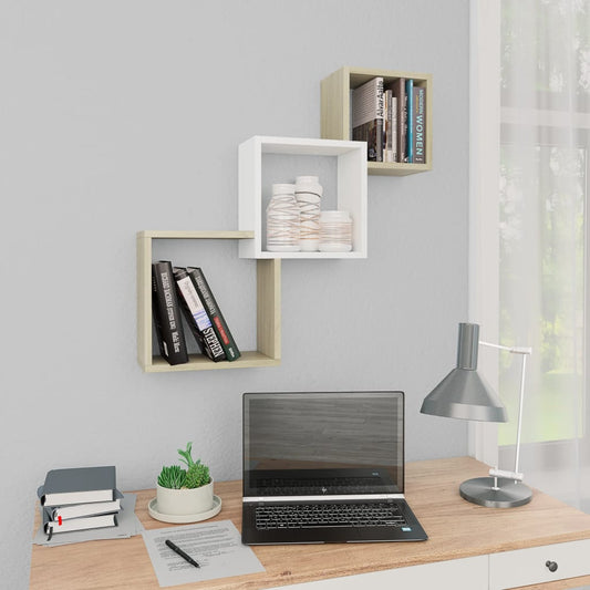 Cube Wall Shelves White and Sonoma Oak Chipboard