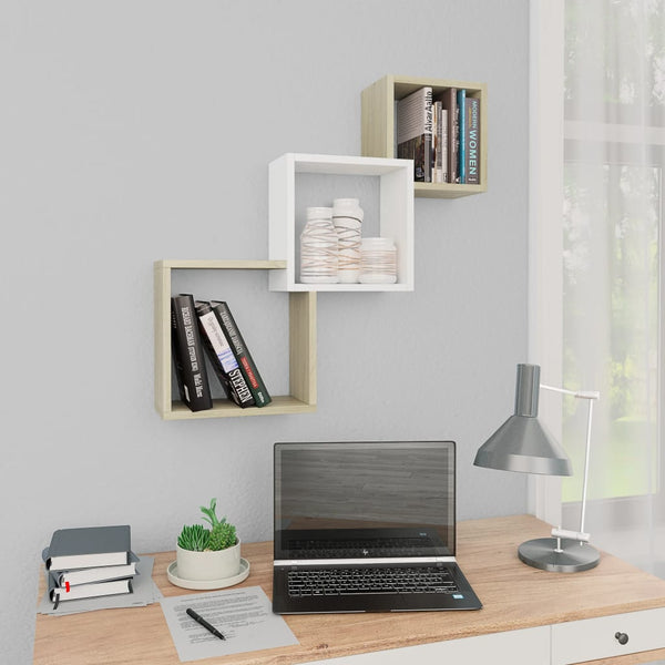  Cube Wall Shelves White and Sonoma Oak Chipboard