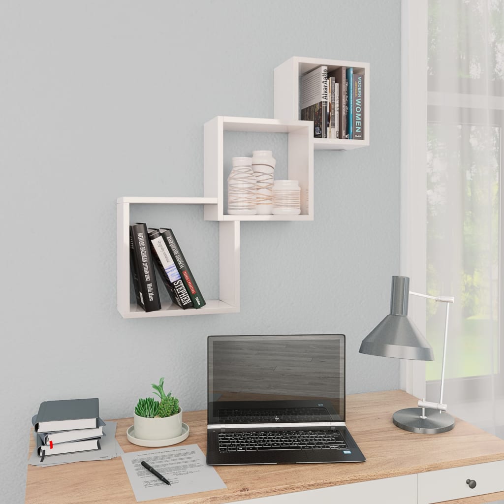 Cube Wall Shelves High Gloss White Chipboard