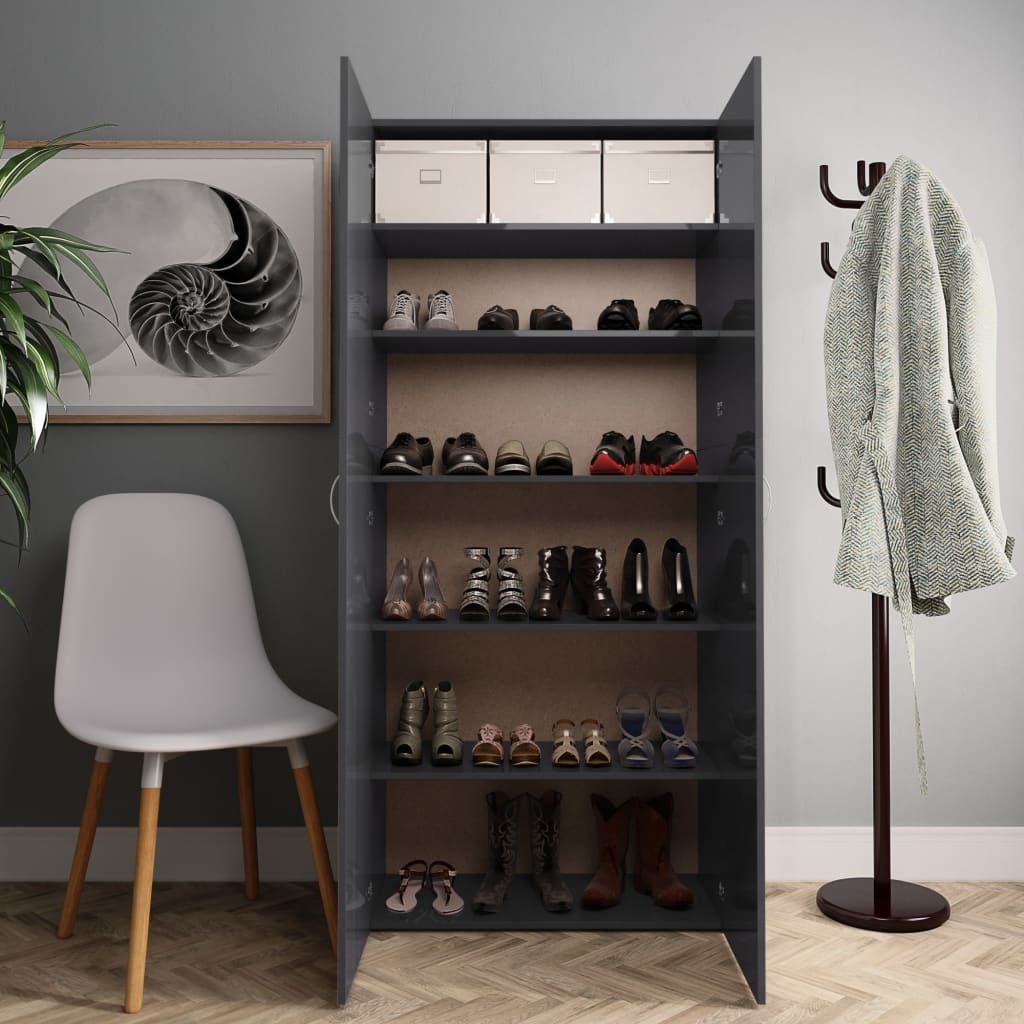 Shoe Cabinet High Gloss Grey Chipboard - 80×35.5×180cm