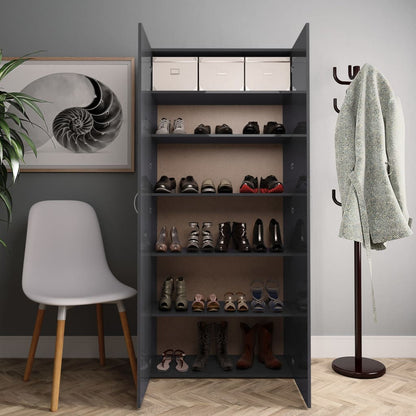 Shoe Cabinet High Gloss Grey Chipboard - 80×35.5×180cm