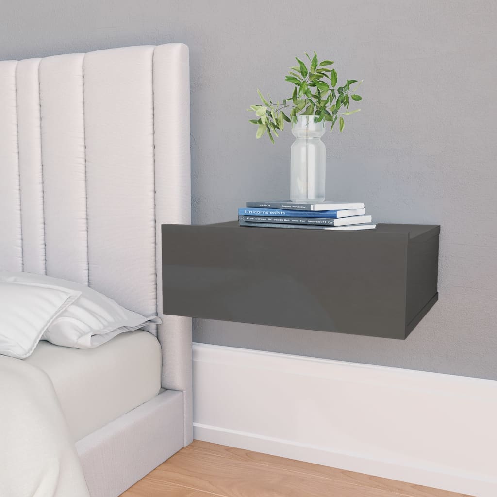 Floating Nightstand High Gloss Grey Chipboard - 40×30×15cm