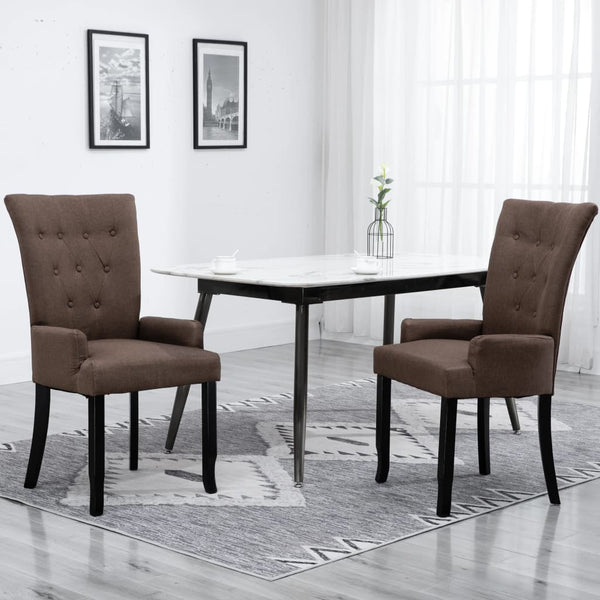  Dining Chairs with Armrests 2 pcs Brown Fabric