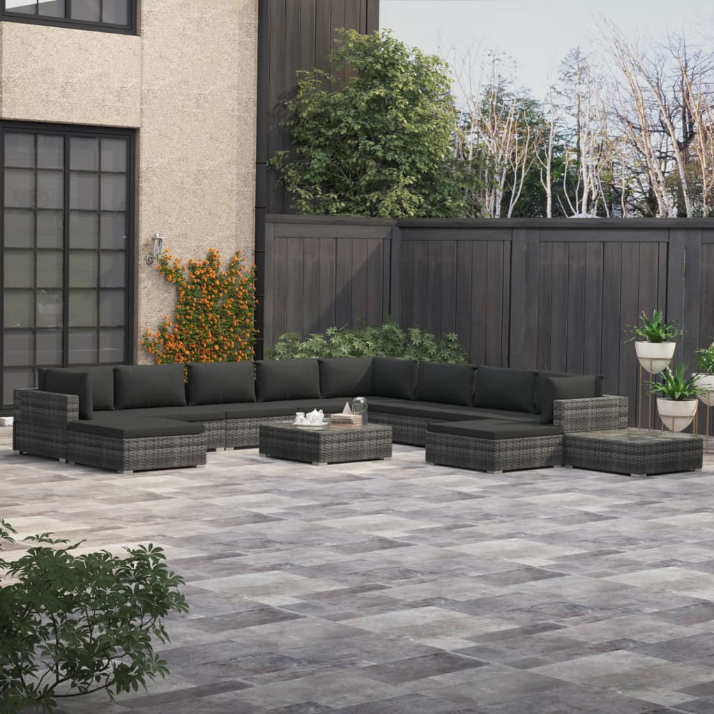 12 Piece Garden Lounge Set with Cushions Poly Rattan Grey - 70×70×52.5cm