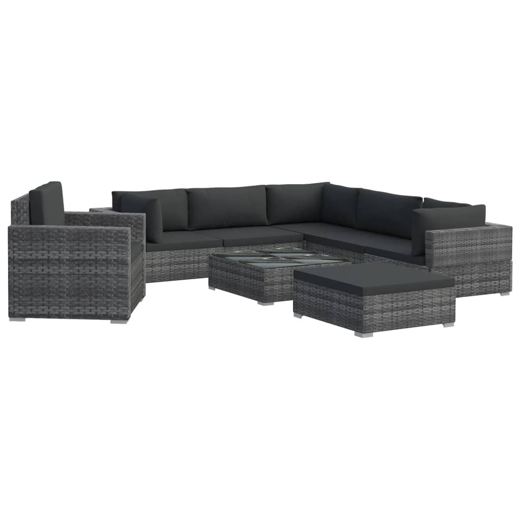 8 Piece Garden Lounge Set with Cushions Poly Rattan Grey - 70×65×66.5cm