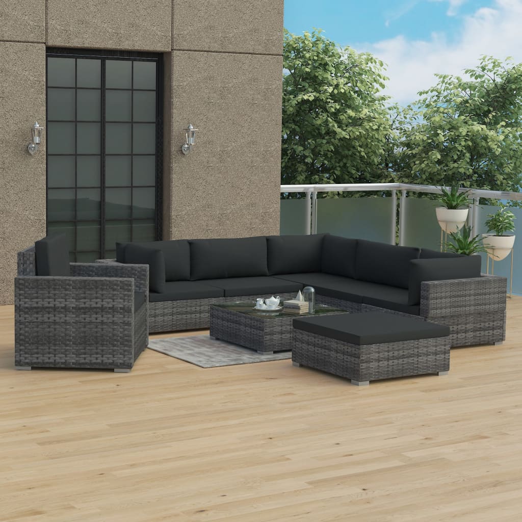 8 Piece Garden Lounge Set with Cushions Poly Rattan Grey - 70×65×66.5cm
