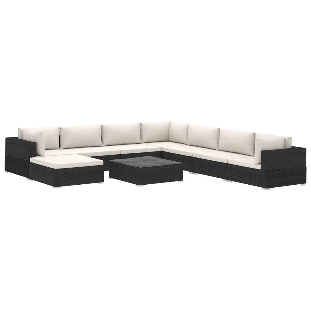 9 Piece Garden Lounge Set with Cushions Poly Rattan Black - 70×70×26cm