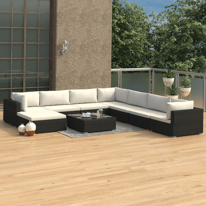 9 Piece Garden Lounge Set with Cushions Poly Rattan Black - 70×70×26cm