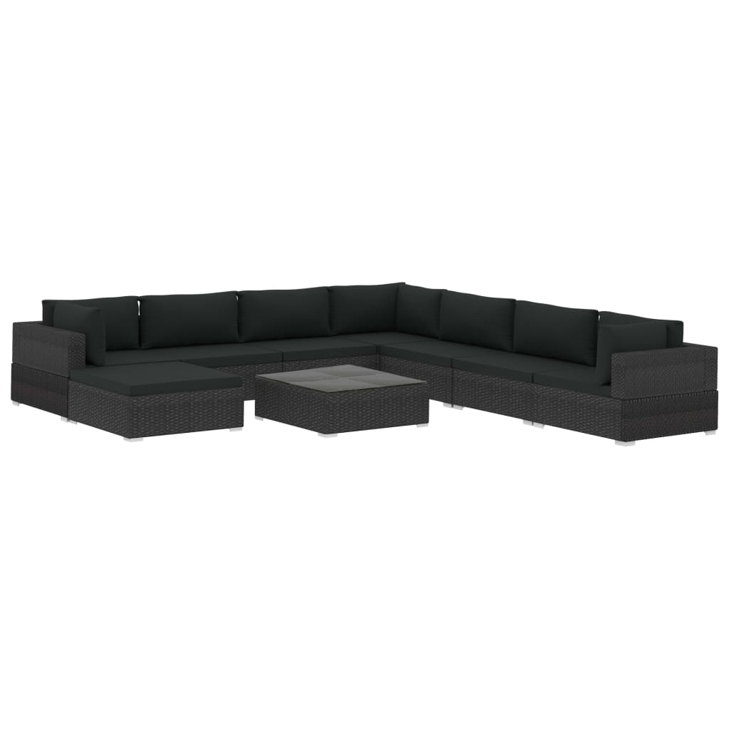 9 Piece Garden Lounge Set with Cushions Poly Rattan Black - 70×70×52.5cm