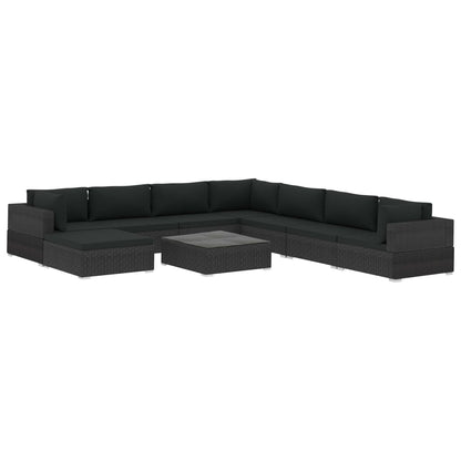 9 Piece Garden Lounge Set with Cushions Poly Rattan Black - 70×70×52.5cm