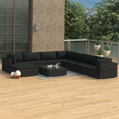 9 Piece Garden Lounge Set with Cushions Poly Rattan Black - 70×70×52.5cm