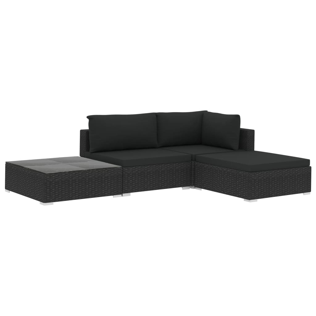 4 Piece Garden Lounge Set with Cushions Poly Rattan Black - 70×70×26cm