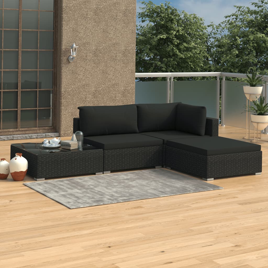 4 Piece Garden Lounge Set with Cushions Poly Rattan Black - 70×70×26cm