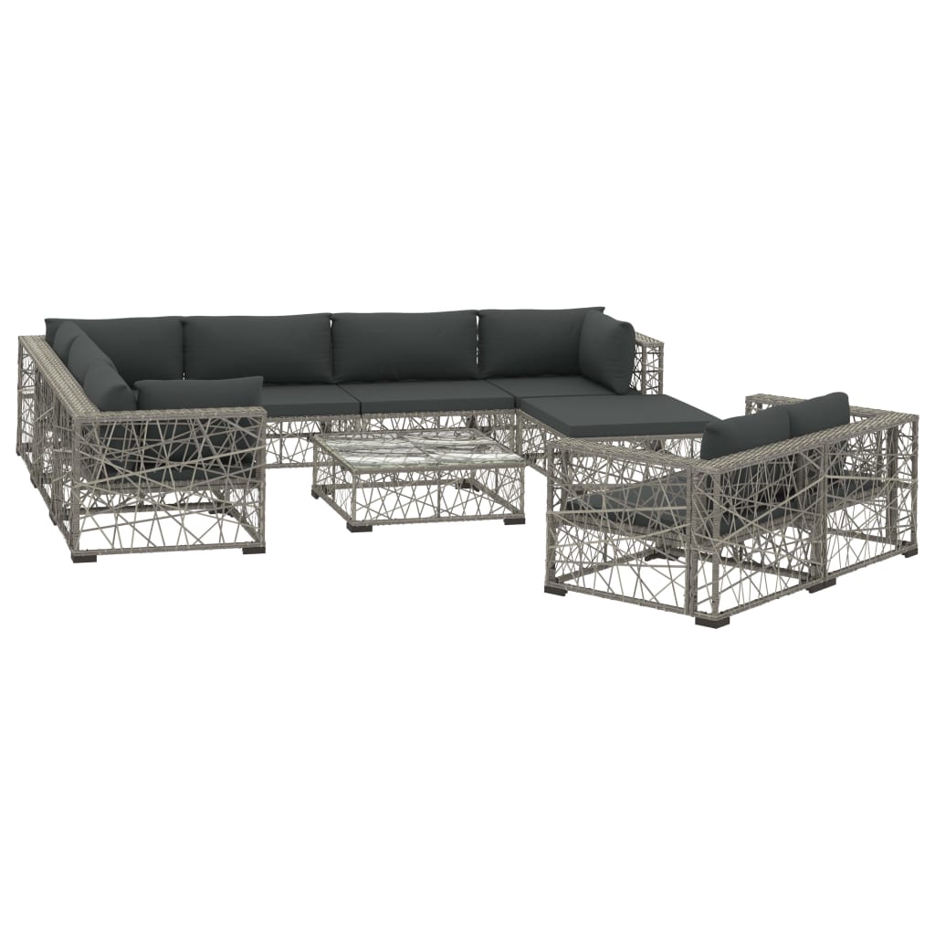 10 Piece Garden Lounge Set with Cushions Poly Rattan Grey - 70×70×52.5cm