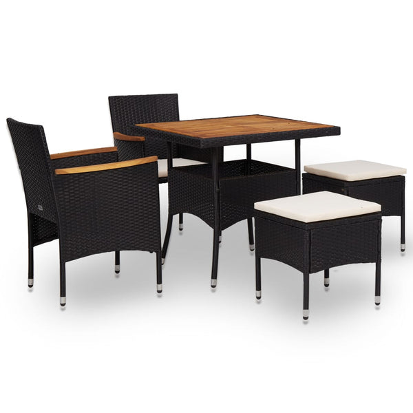  5 Piece Outdoor Dining Set Black Poly Rattan and Acacia Wood