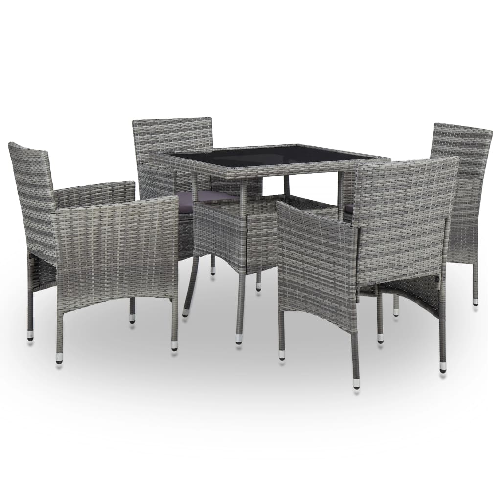 5 Piece Outdoor Dining Set Grey Poly Rattan and Glass - 52×57×84cm