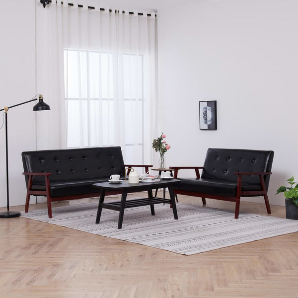  Sofa Set 2 Piece Black Leather